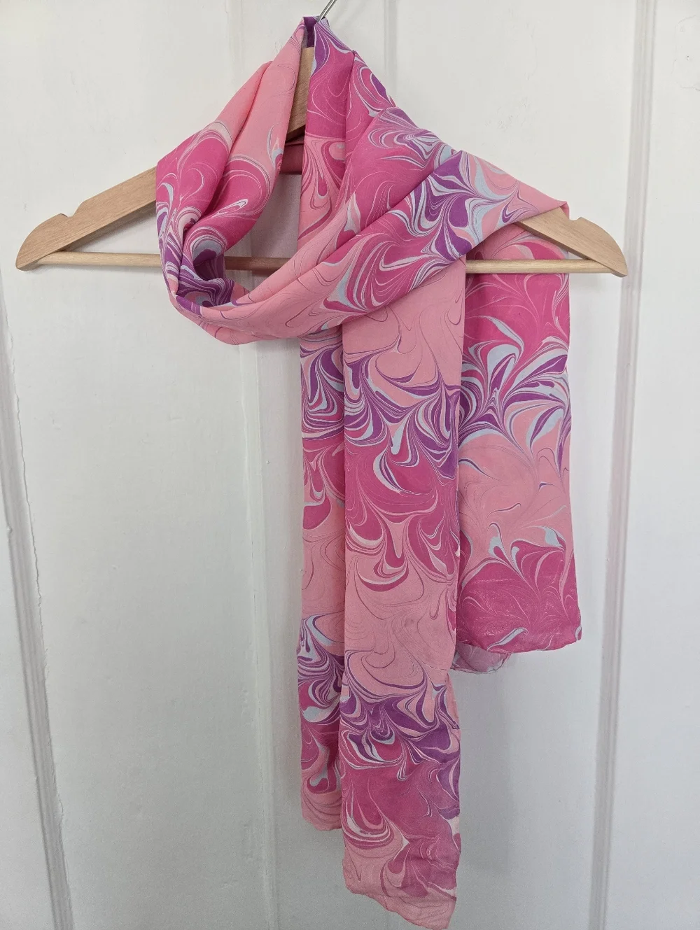 Women's 100% Silk Scarf Pink Marble Print Art To Wear Artsy Barbiecore Accessory